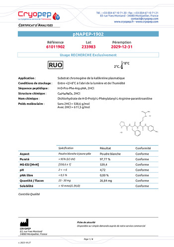 Certificate of analysis pNAPEP-1902 Chromogenic Substrate for plasma kallikrein